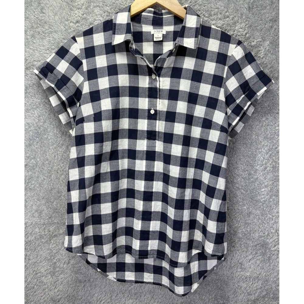 J.Crew Women's Medium Top Navy White Gingham Check Short Sleeve Cotton Popover